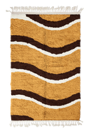 Swell Tide wavy wool rug, dark brown waves and cream lines on ochre yellow, full view