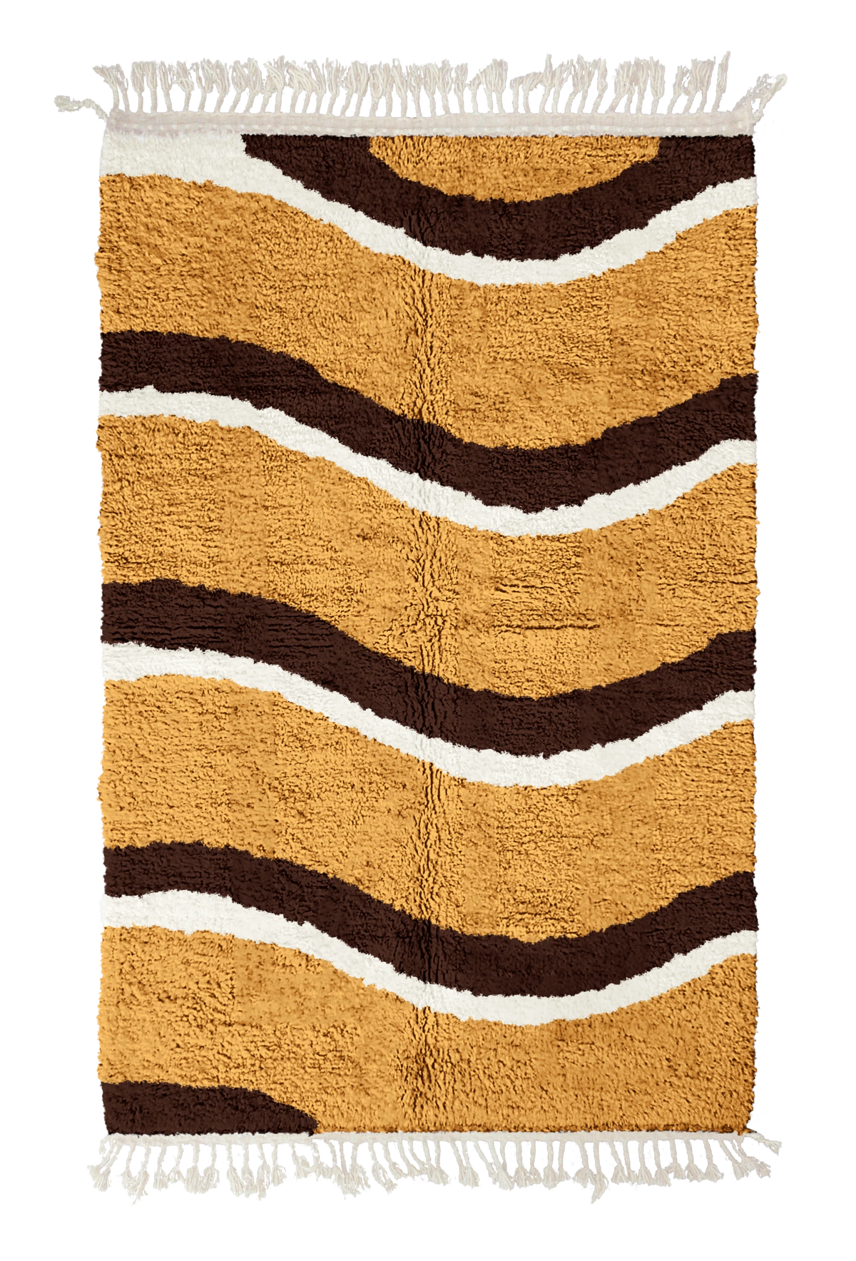 Swell Tide wavy wool rug, dark brown waves and cream lines on ochre yellow, full view