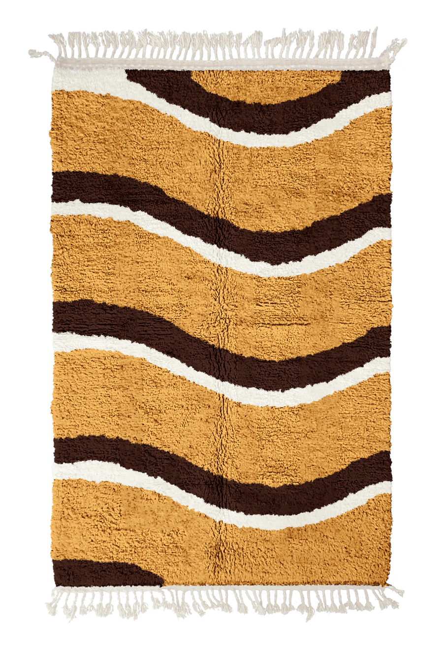 Swell Tide wavy wool rug, dark brown waves and cream lines on ochre yellow, full view