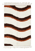 Load image into Gallery viewer, Swell Tide wavy wool rug, dark brown waves and terracotta lines on cream, full view
