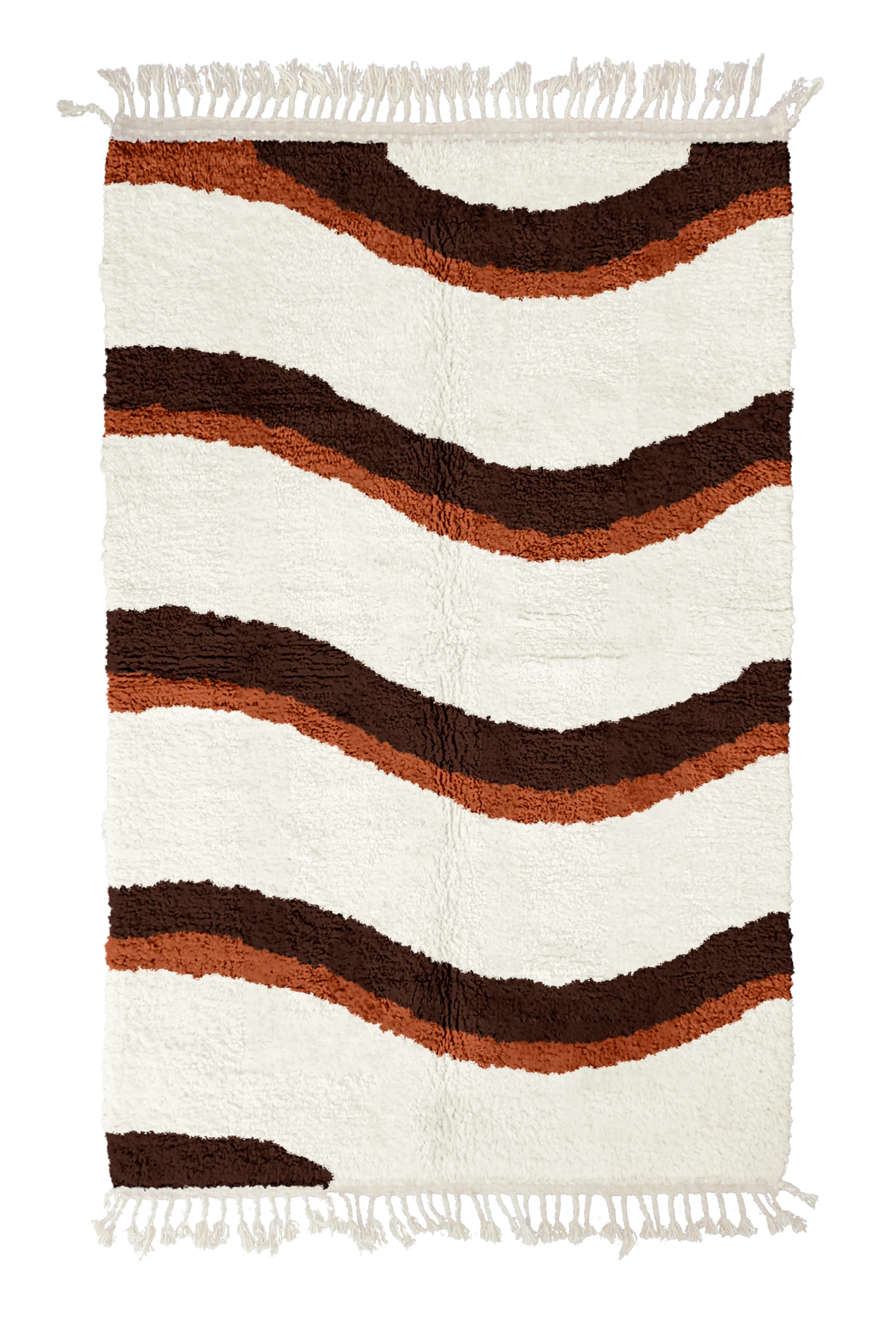 Swell Tide wavy wool rug, dark brown waves and terracotta lines on cream, full view