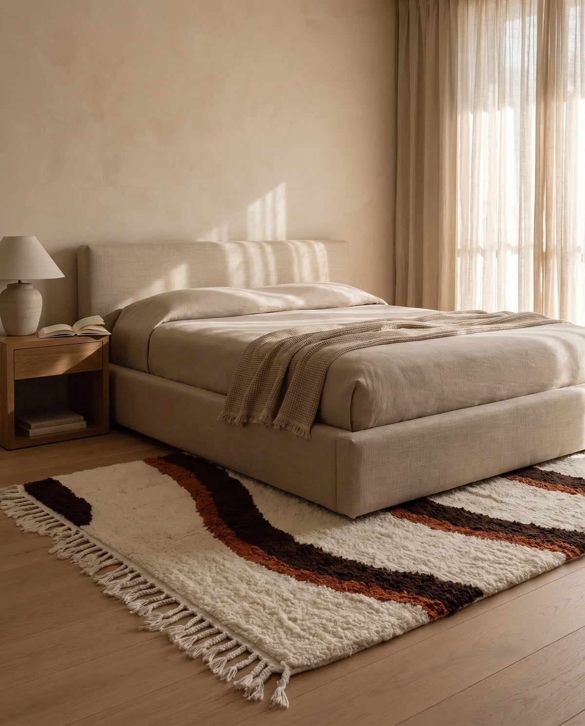 Brown, Terracotta and Cream wavy wool rug in a furnished room