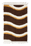 Load image into Gallery viewer, Swell Tide wavy wool rug, cream waves and ochre yellow lines on dark espresso brown, full view
