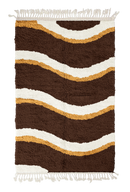 Swell Tide wavy wool rug, cream waves and ochre yellow lines on dark espresso brown, full view