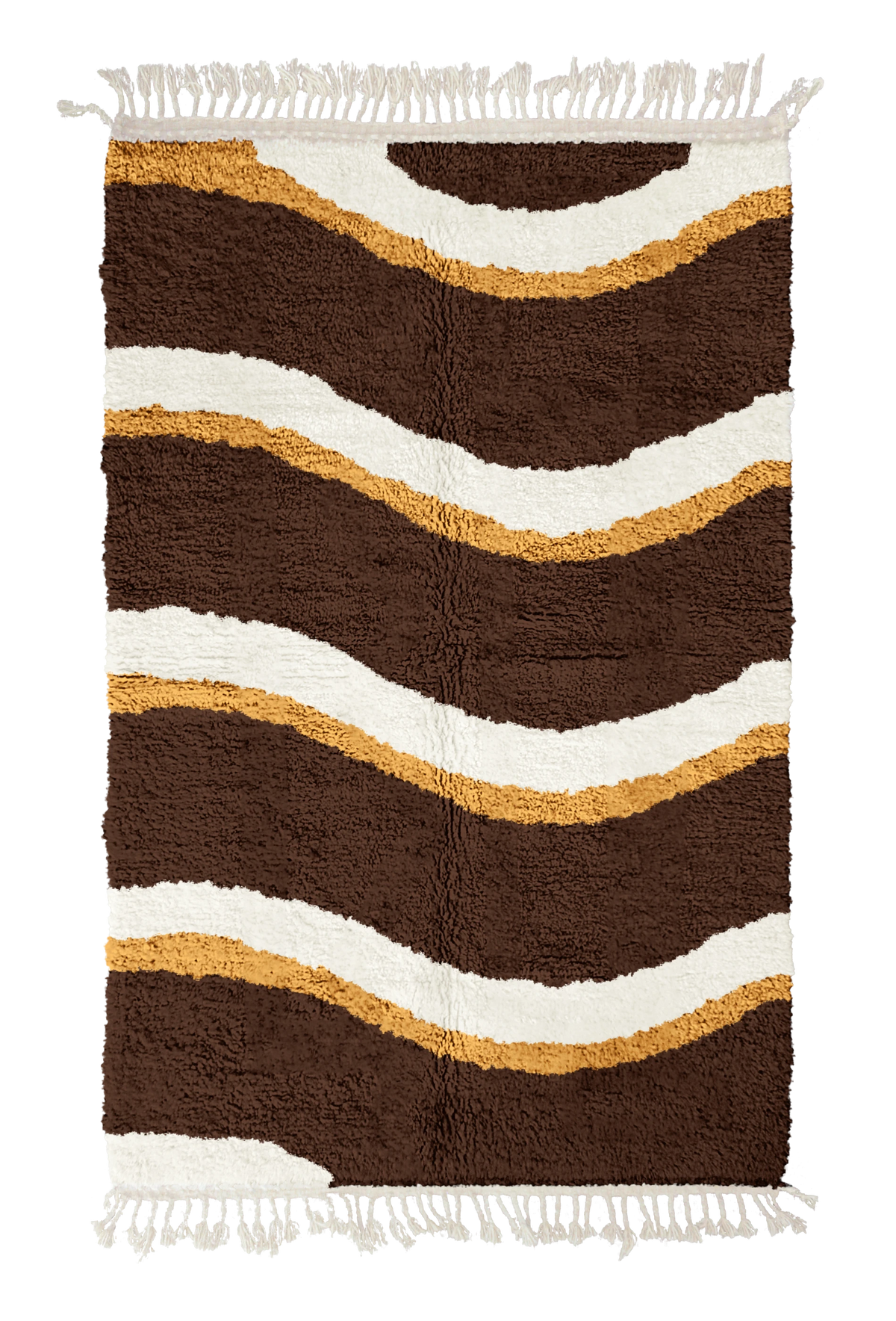 Swell Tide wavy wool rug, cream waves and ochre yellow lines on dark espresso brown, full view