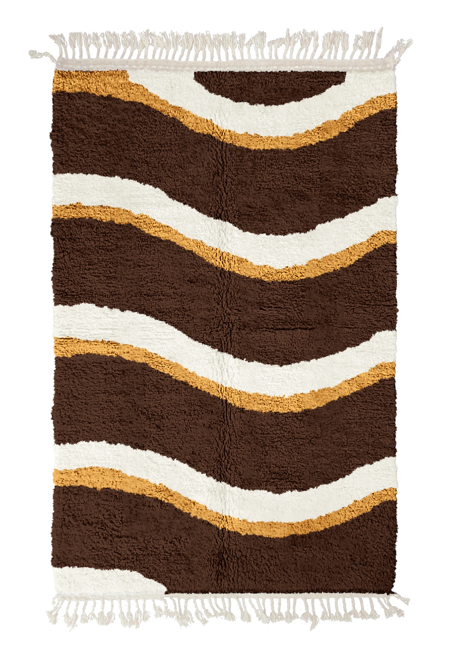 Swell Tide wavy wool rug, cream waves and ochre yellow lines on dark espresso brown, full view