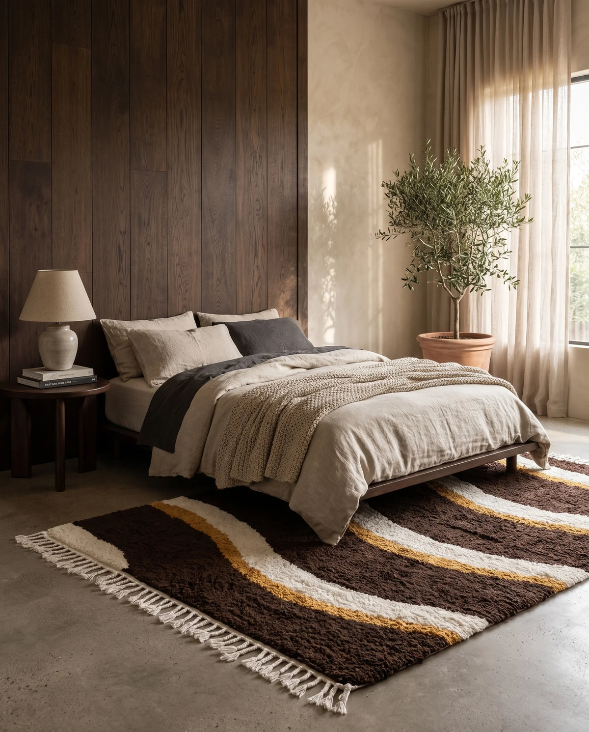 Cream, Ochre Yellow and Dark Brown wavy wool rug in a furnished room