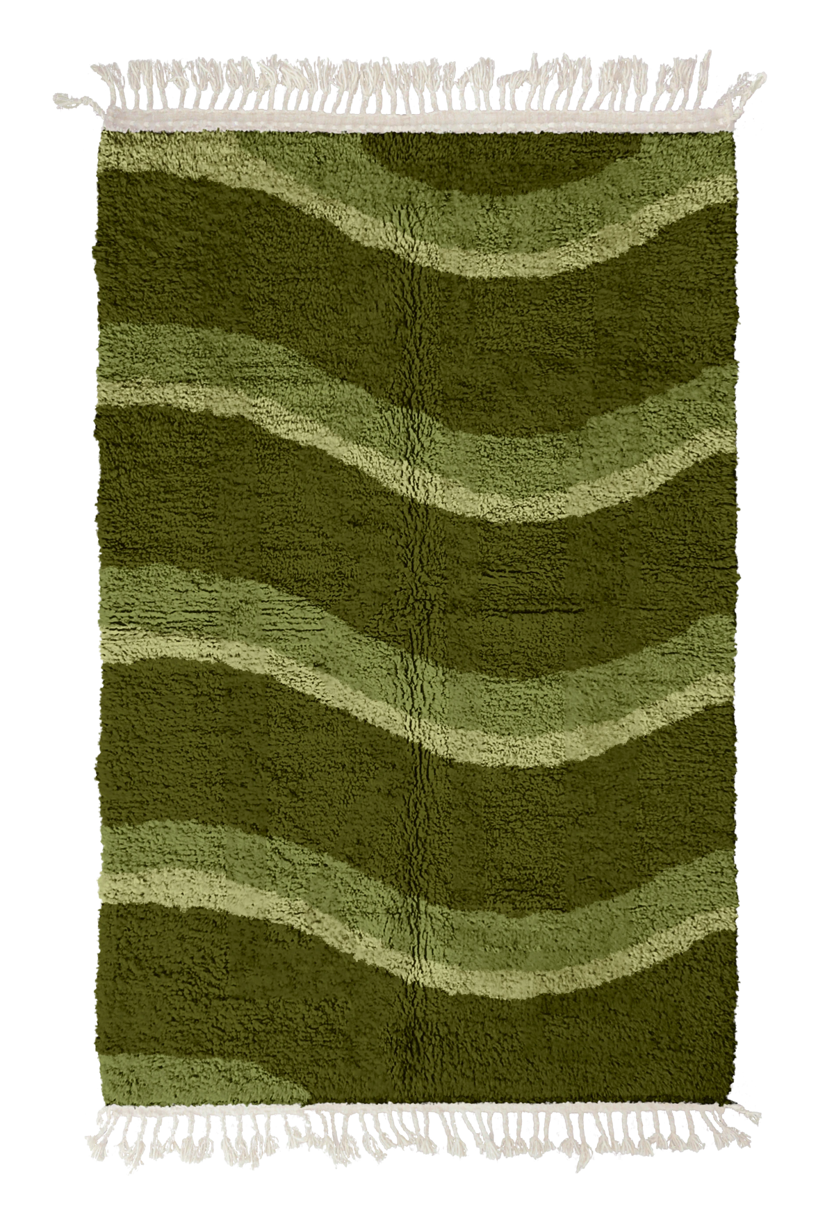 Swell Tide wavy wool rug, moss green waves and sage olive lines on olive green, full view