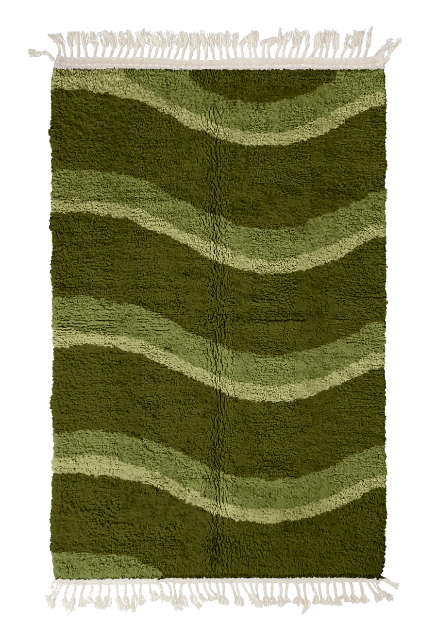 Swell Tide wavy wool rug, moss green waves and sage olive lines on olive green, full view