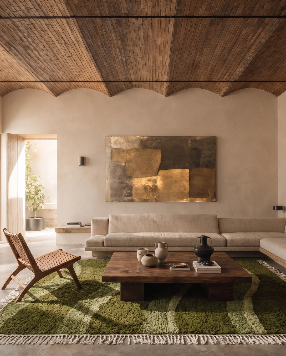 Moss, Sage and Olive Green wavy wool rug in a furnished room