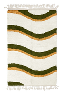 Swell Tide wavy wool rug, olive green waves and ochre yellow lines on cream, full view
