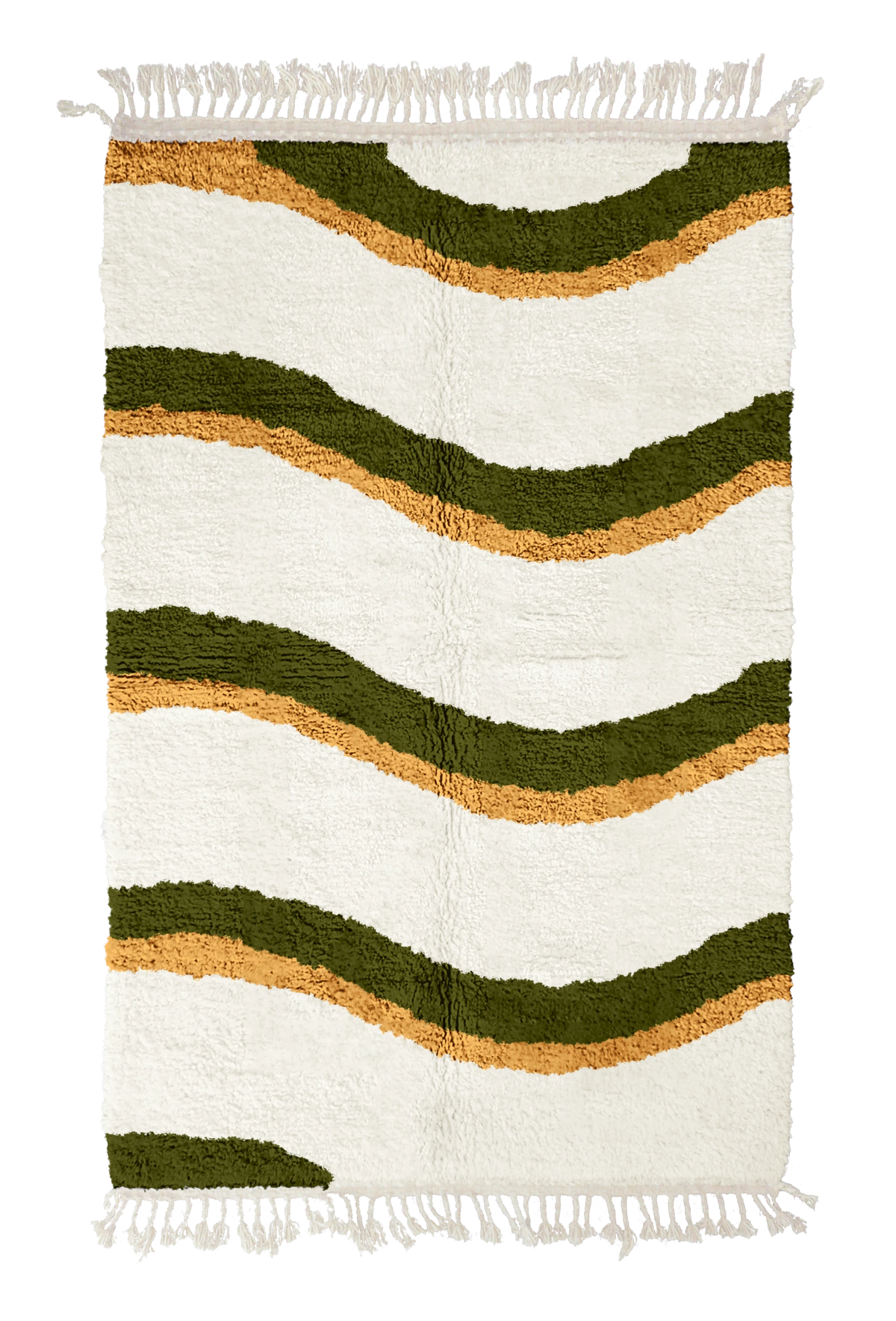 Swell Tide wavy wool rug, olive green waves and ochre yellow lines on cream, full view