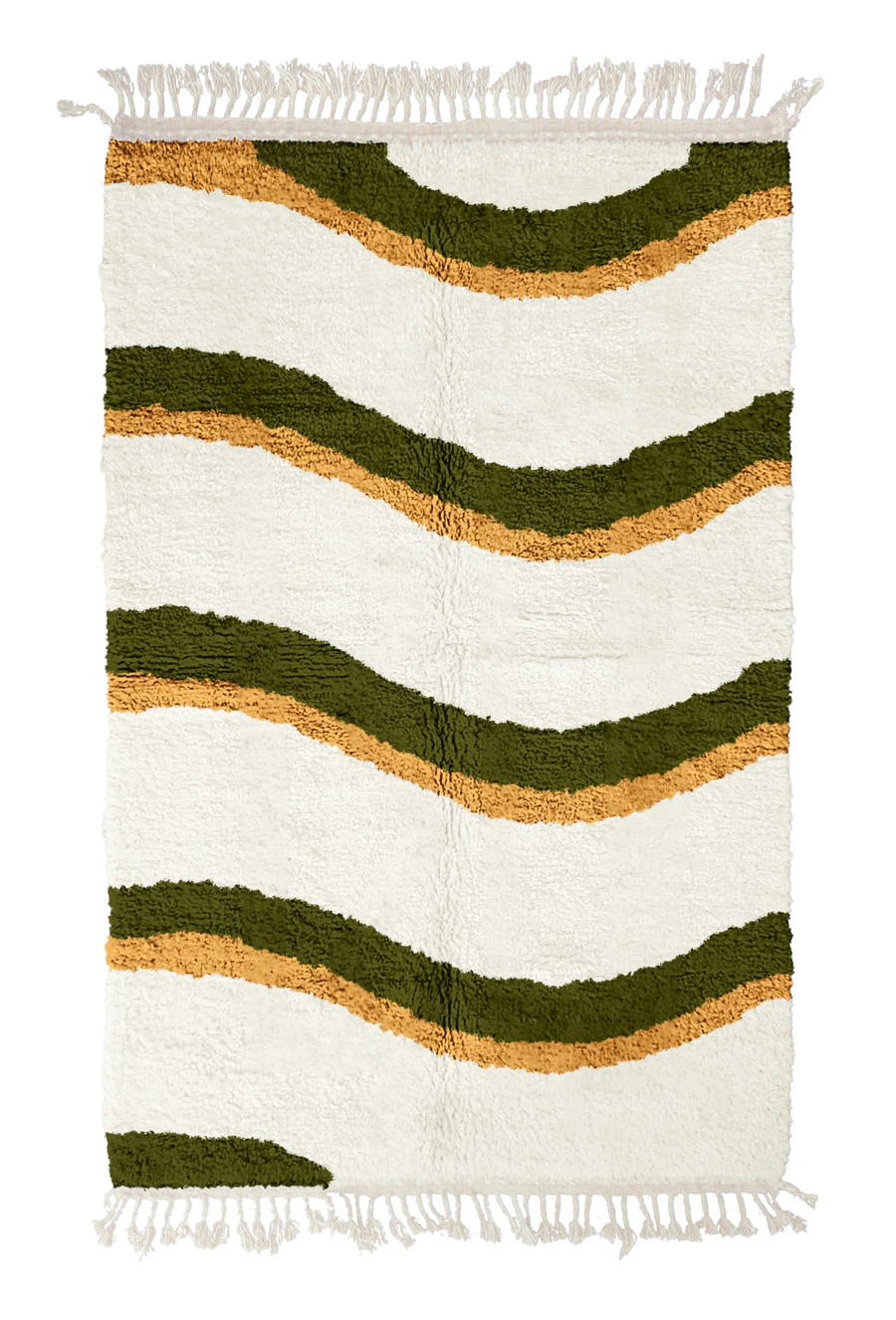 Swell Tide wavy wool rug, olive green waves and ochre yellow lines on cream, full view