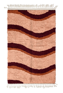 Swell Tide wavy wool rug, oxblood red waves and terracotta lines on blush pink, full view