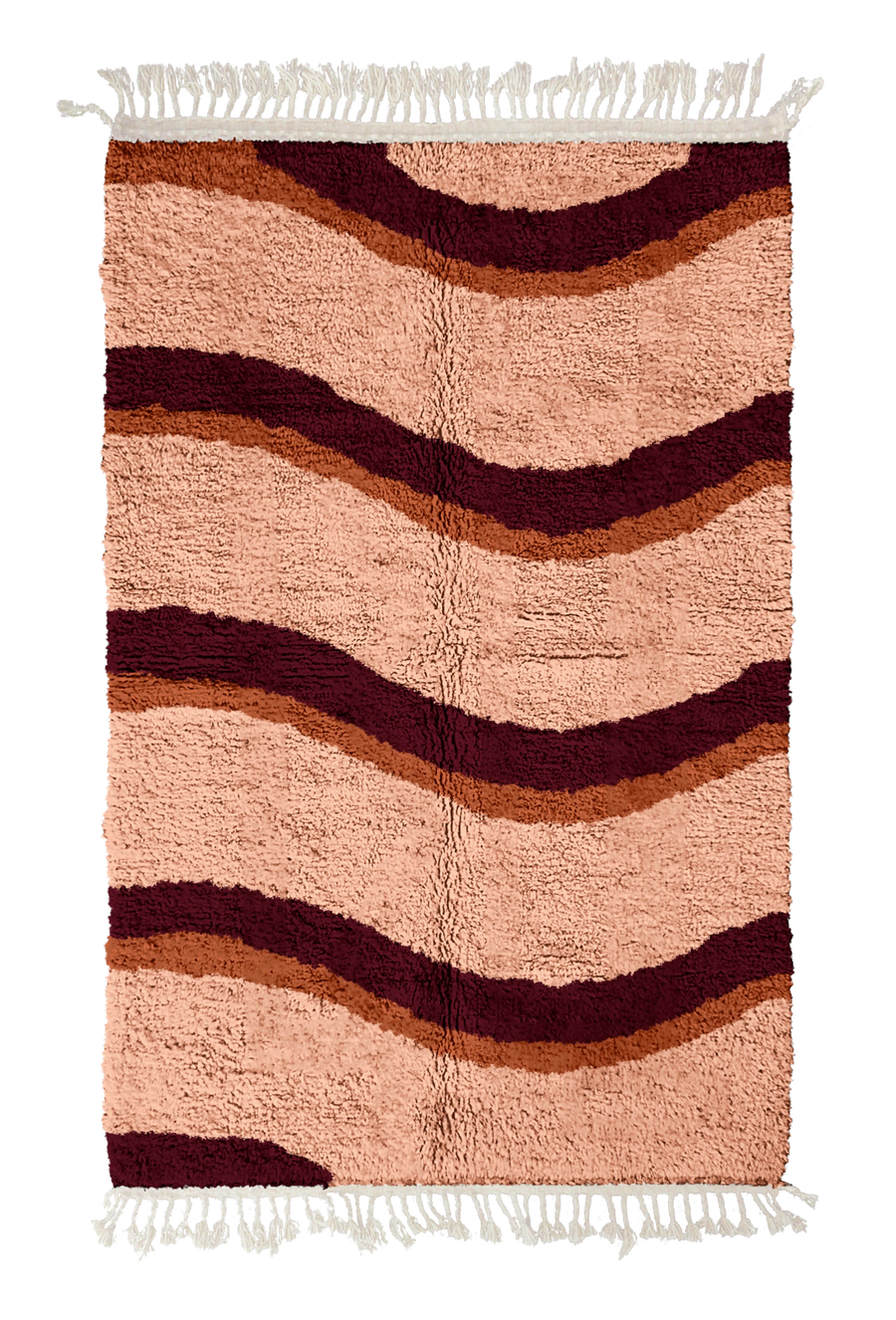 Swell Tide wavy wool rug, oxblood red waves and terracotta lines on blush pink, full view