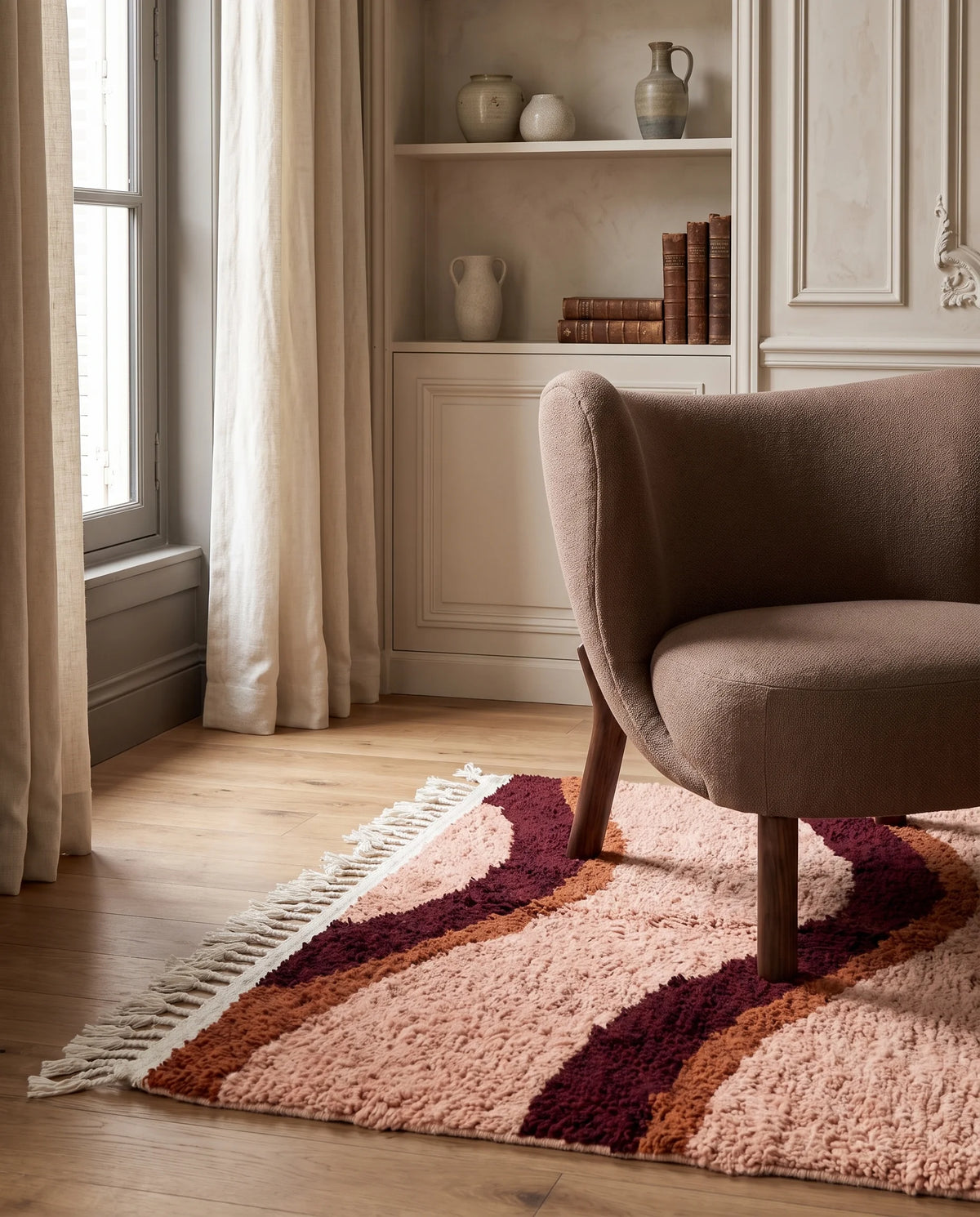 Burgundy, Terracotta and Blush Pink wavy wool rug in a furnished room