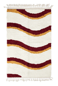 Load image into Gallery viewer, Swell Tide wavy wool rug, burgundy waves and ochre yellow lines on cream, full view
