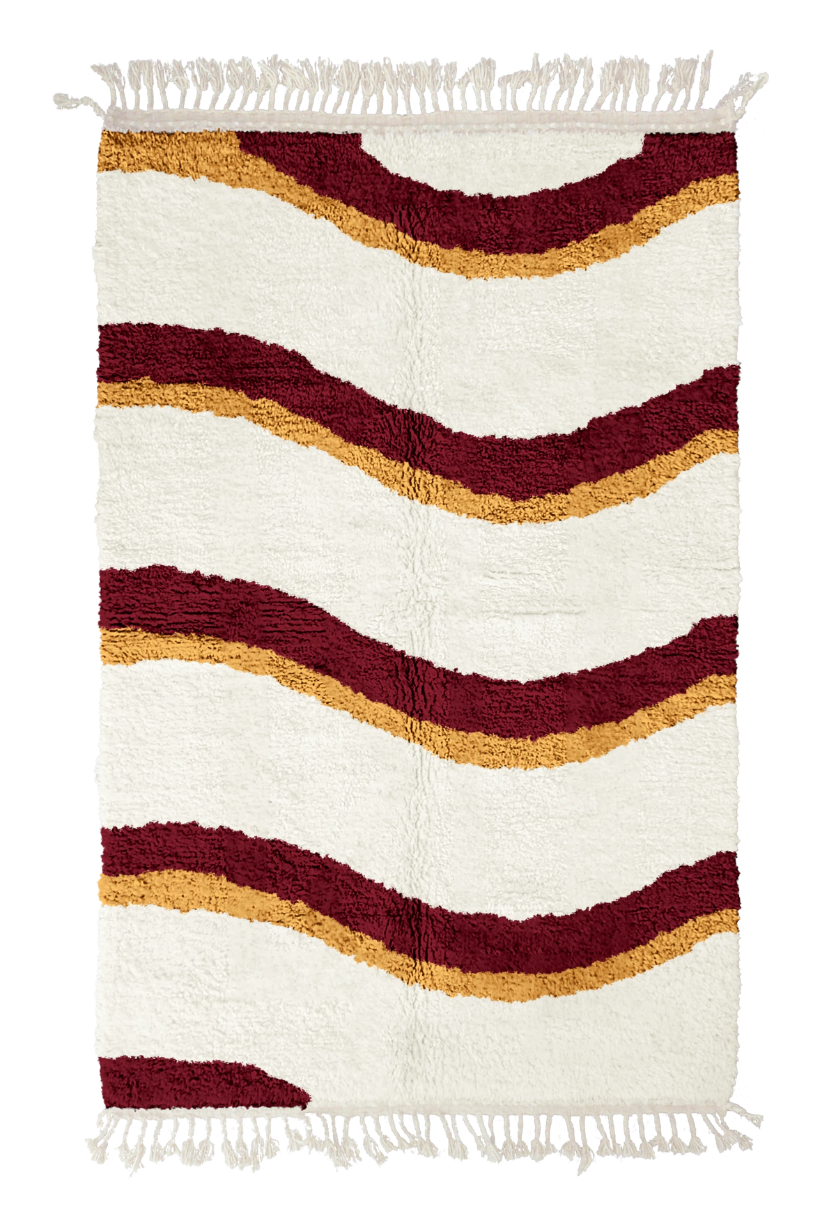 Swell Tide wavy wool rug, burgundy waves and ochre yellow lines on cream, full view