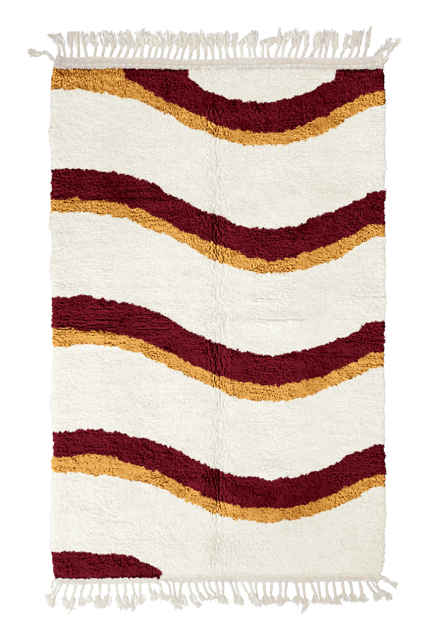 Swell Tide wavy wool rug, burgundy waves and ochre yellow lines on cream, full view