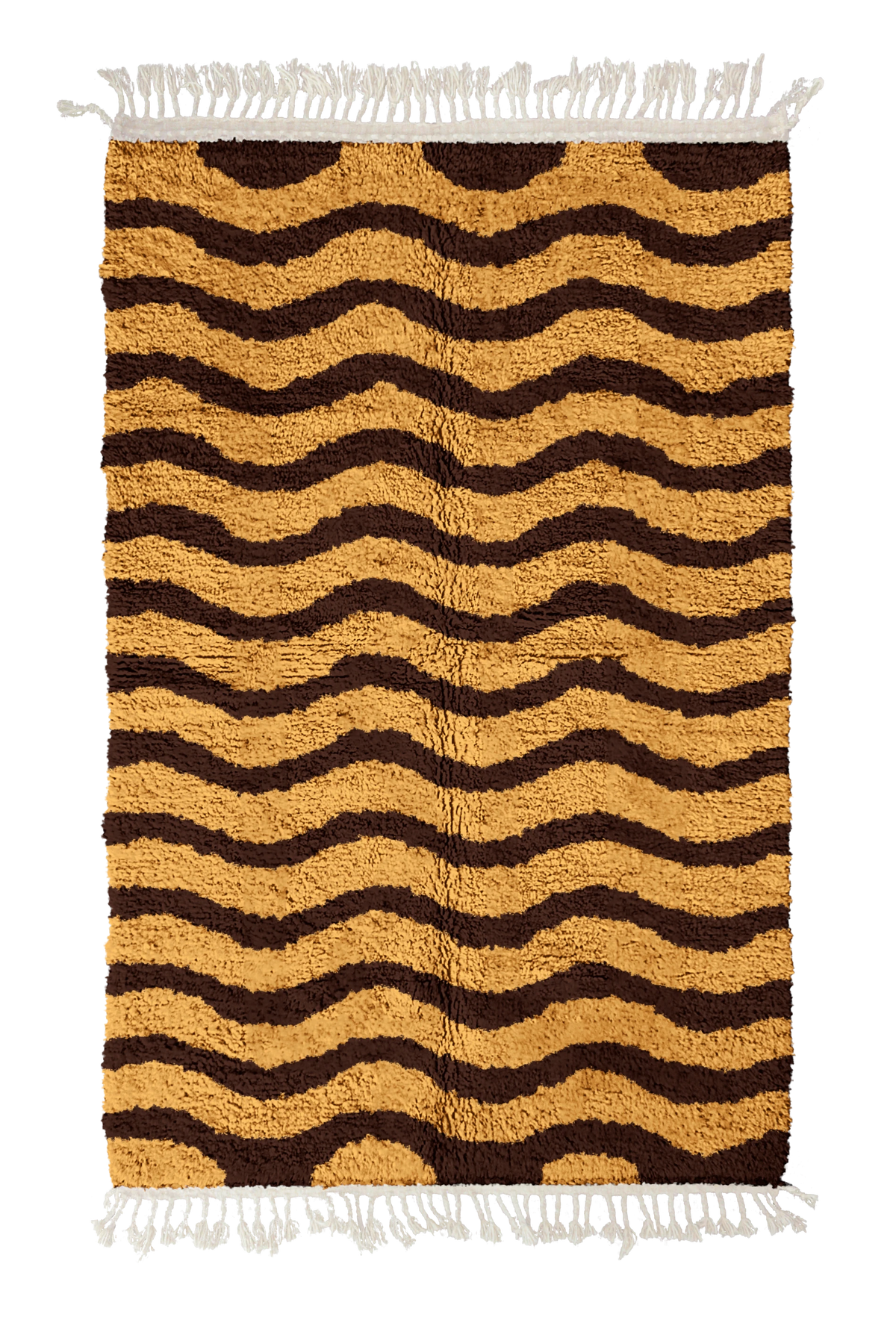 Ripple Tide wavy wool rug, dark brown waves on ochre yellow, full view