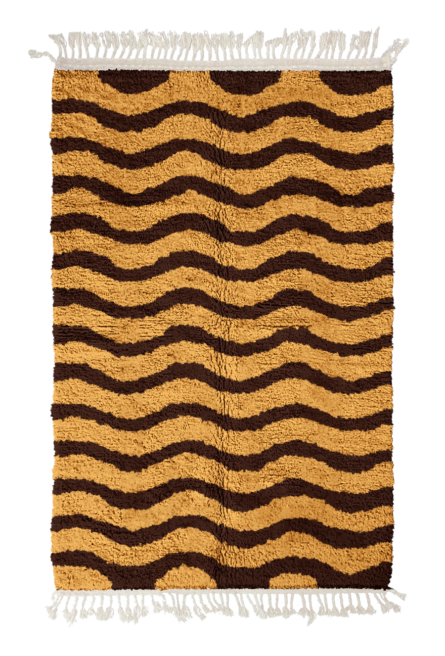 Ripple Tide wavy wool rug, dark brown waves on ochre yellow, full view
