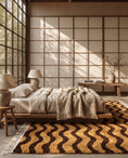 Load image into Gallery viewer, Brown and Ochre Yellow wavy wool rug in a furnished room

