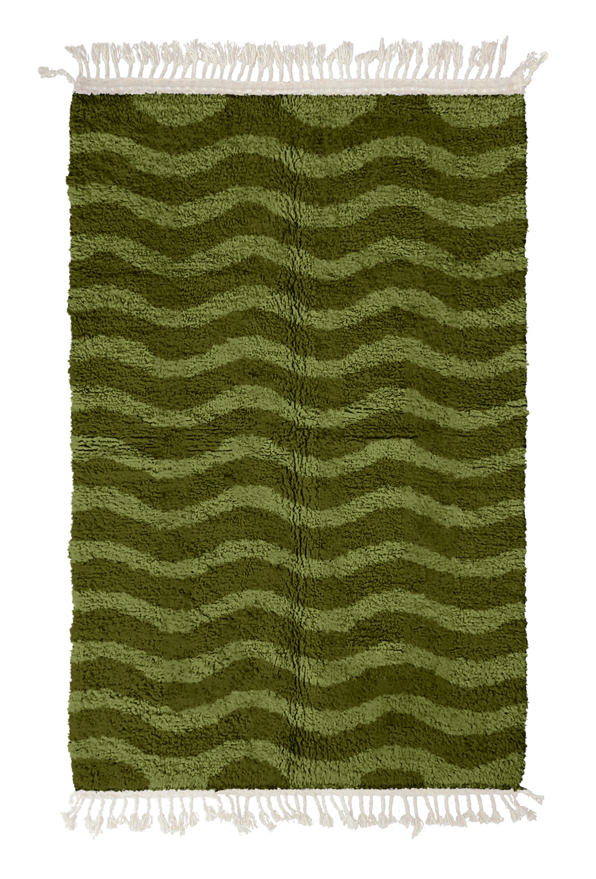 Ripple Tide wavy wool rug, moss green waves on olive green, full view