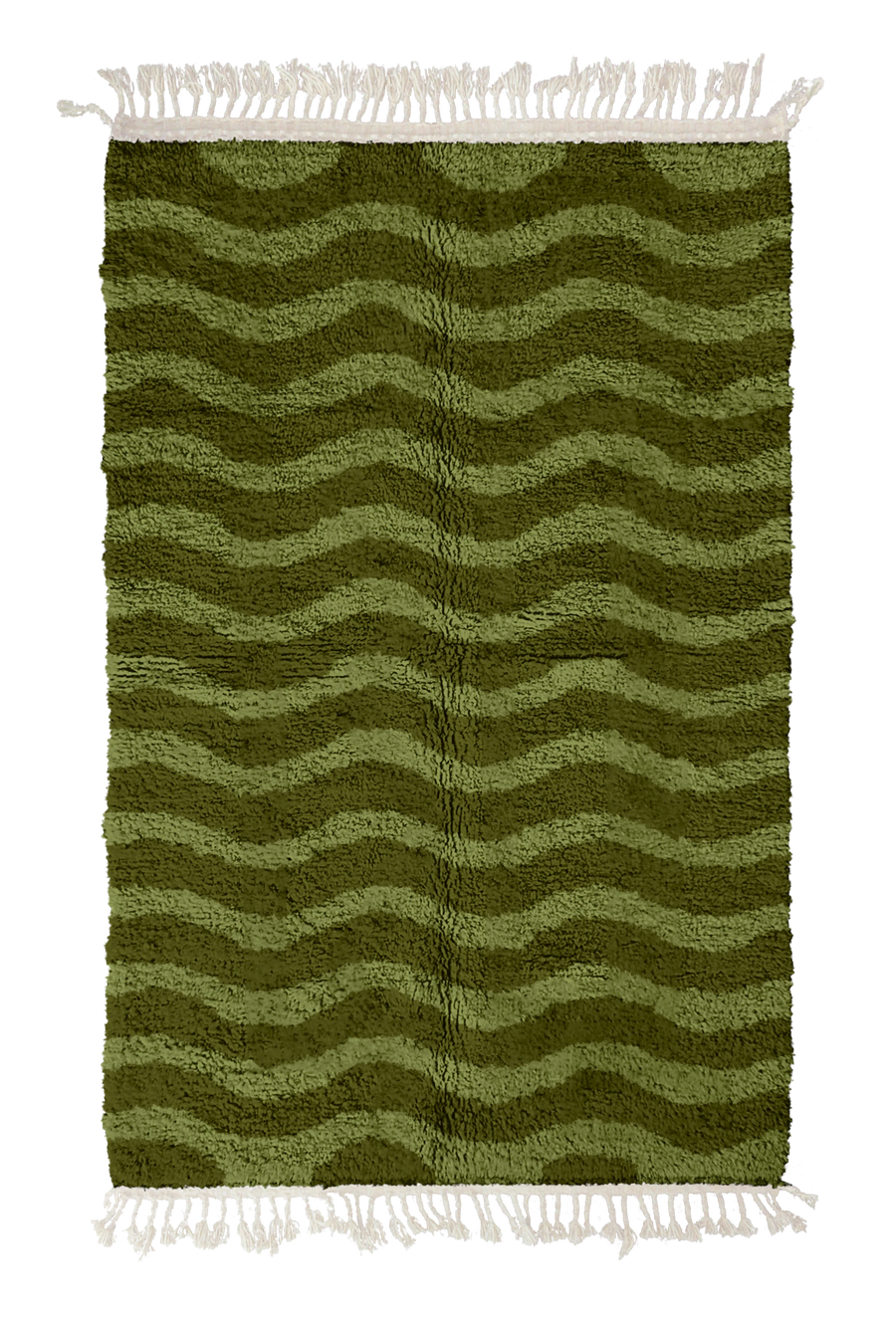 Ripple Tide wavy wool rug, moss green waves on olive green, full view