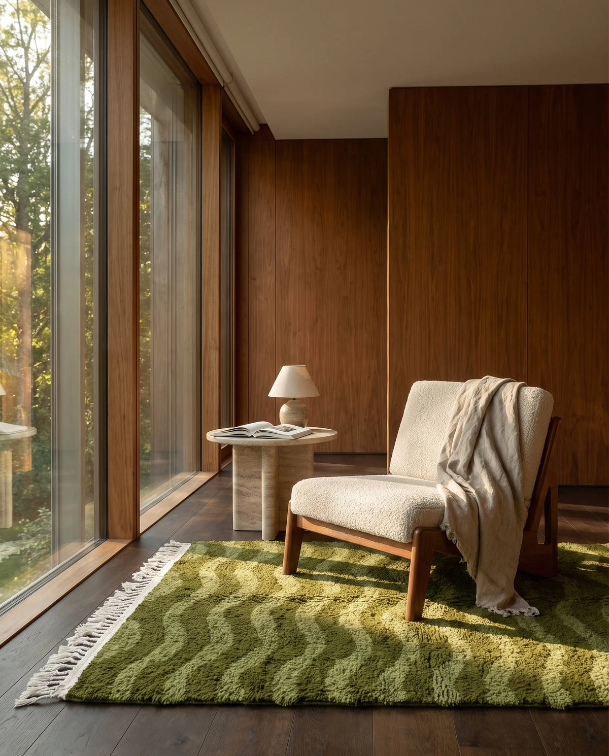 Moss and Olive Green wavy wool rug in a furnished room