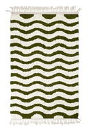 Ripple Tide wavy wool rug, olive green waves on cream, full view