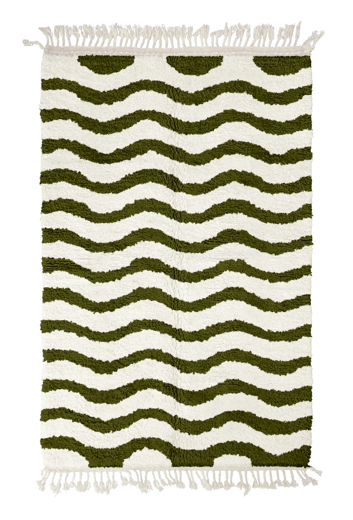 Ripple Tide wavy wool rug, olive green waves on cream, full view