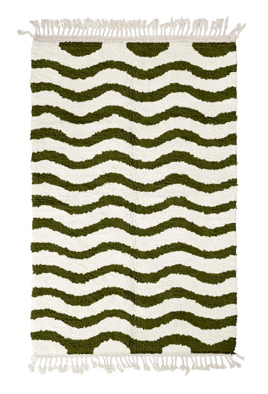 Ripple Tide wavy wool rug, olive green waves on cream, full view