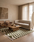 Load image into Gallery viewer, Olive Green and Cream wavy wool rug in a furnished room
