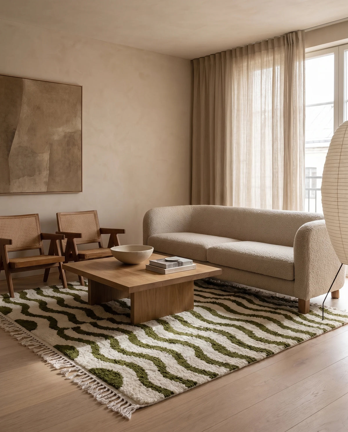 Olive Green and Cream wavy wool rug in a furnished room
