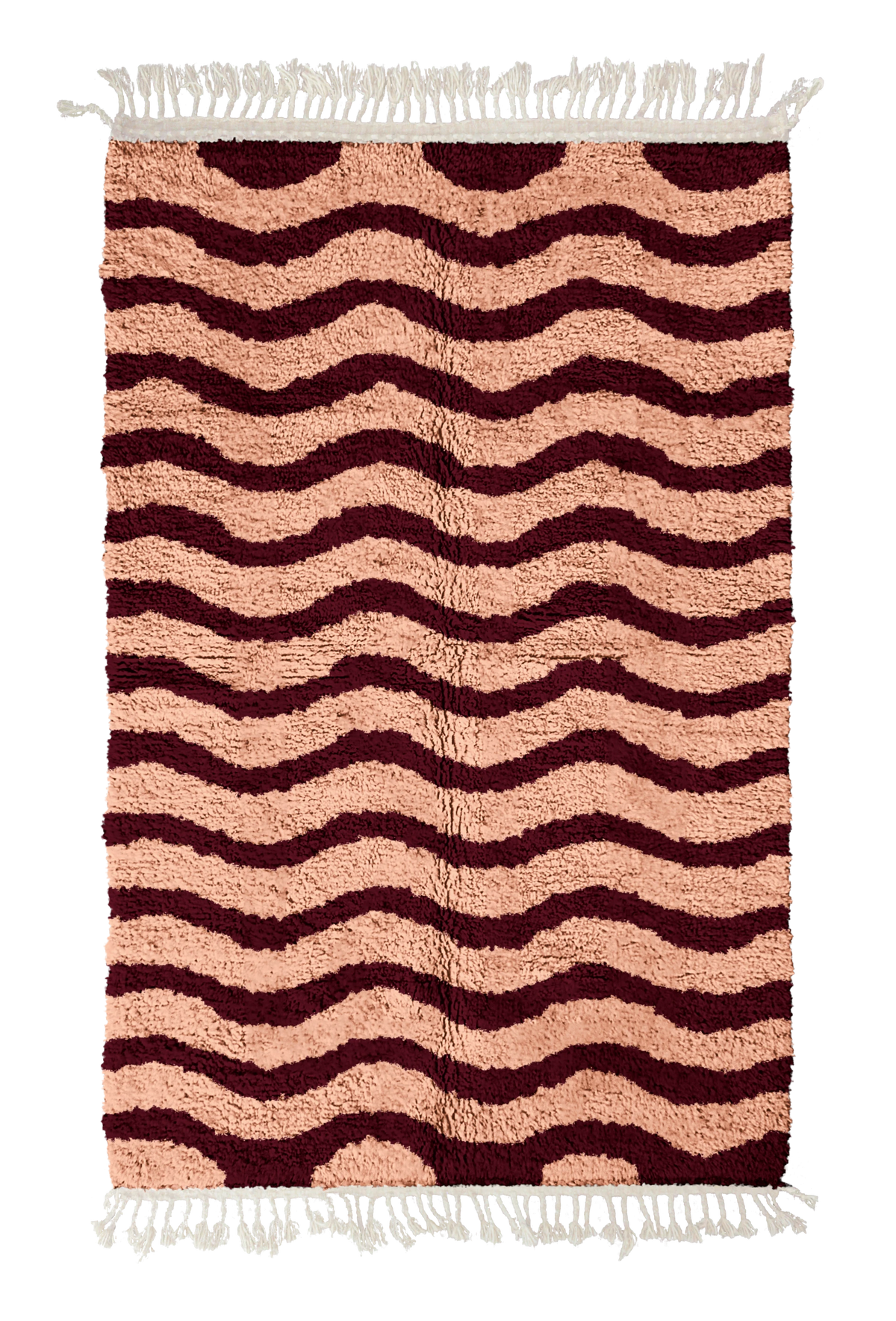 Ripple Tide wavy wool rug, oxblood red waves on blush pink, full view