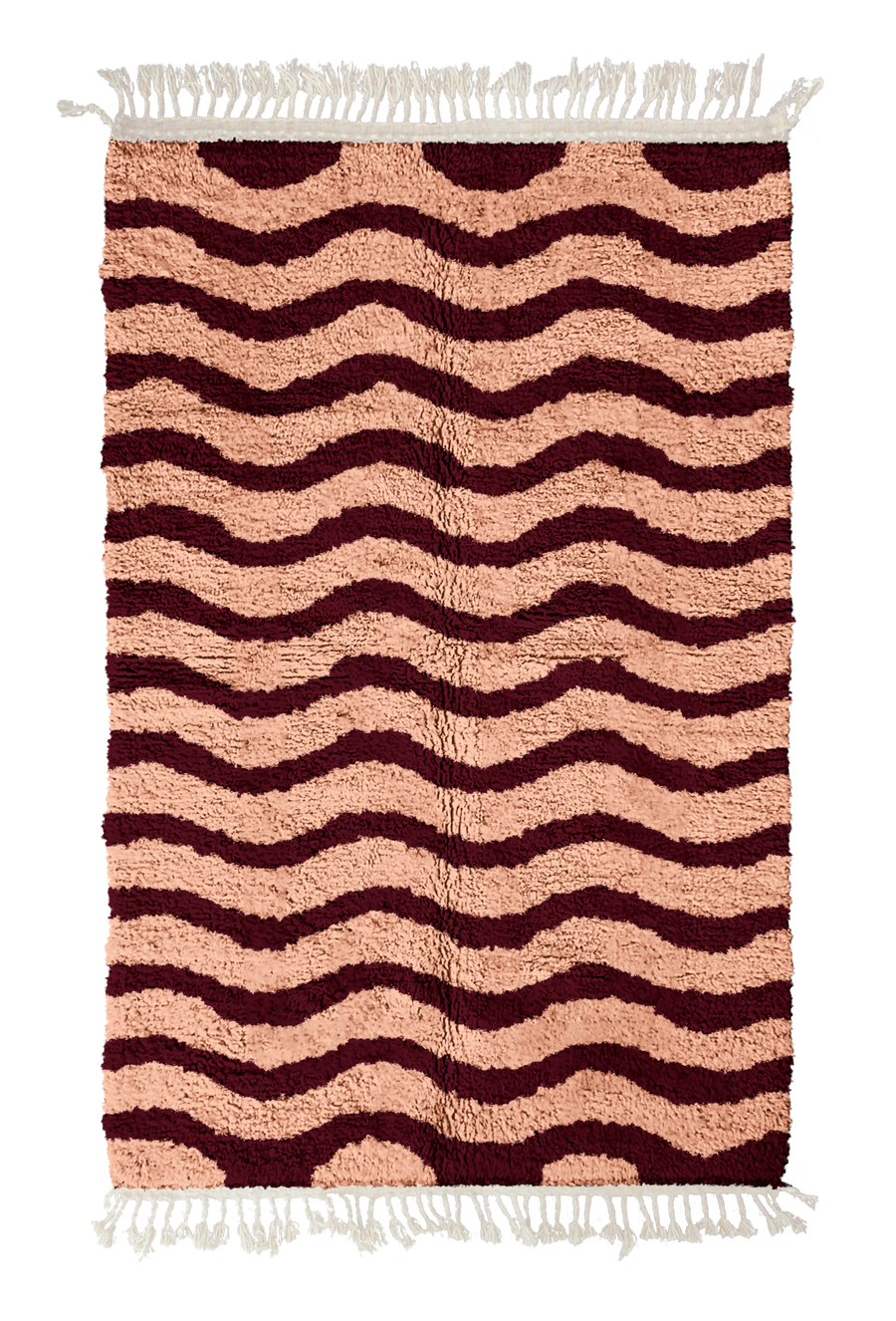 Ripple Tide wavy wool rug, oxblood red waves on blush pink, full view