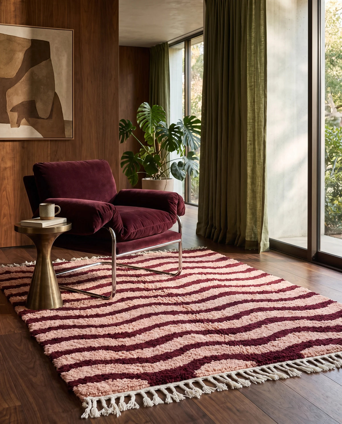 Burgundy and Blush Pink wavy wool rug in a furnished room