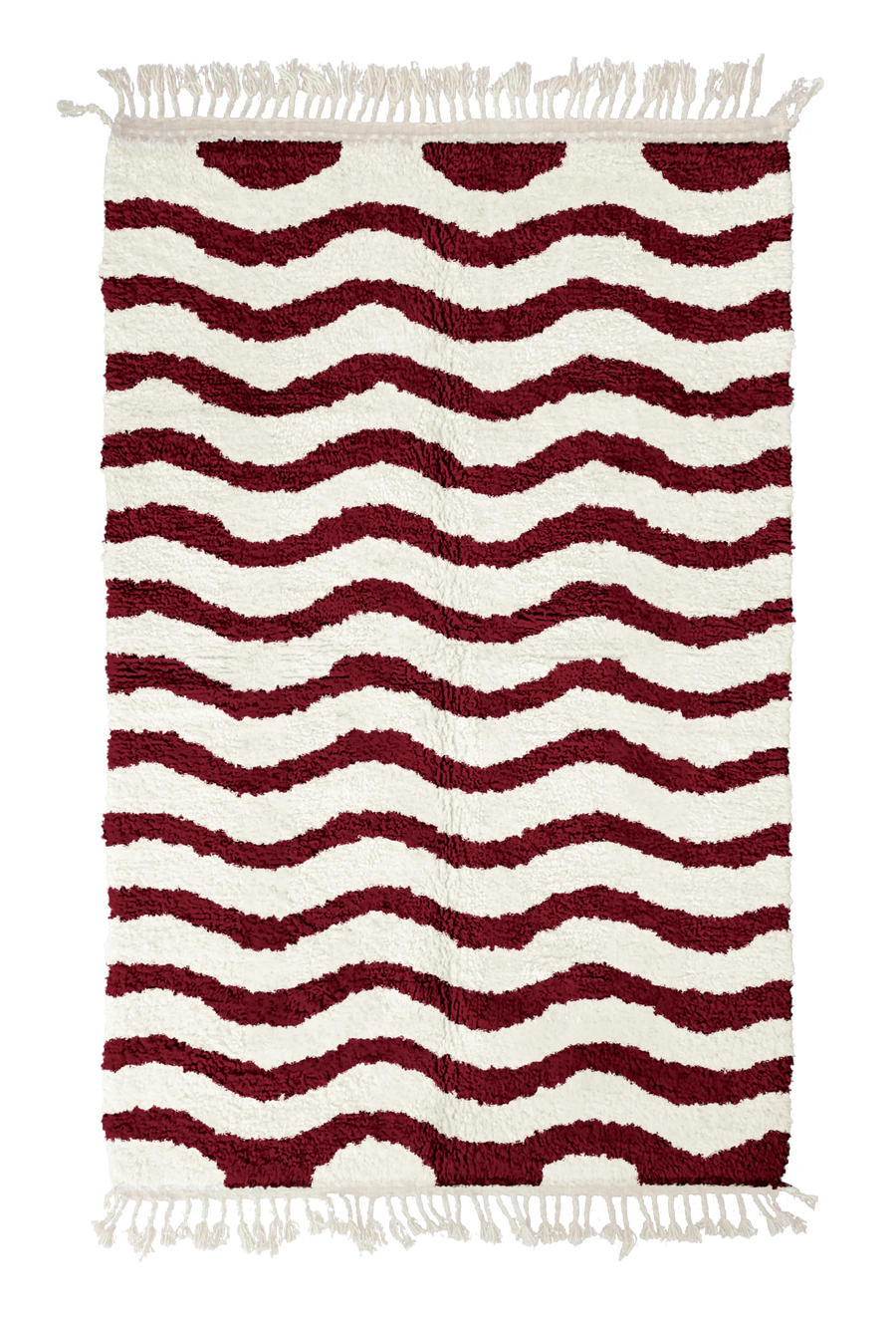 Ripple Tide wavy wool rug, burgundy waves on cream, full view