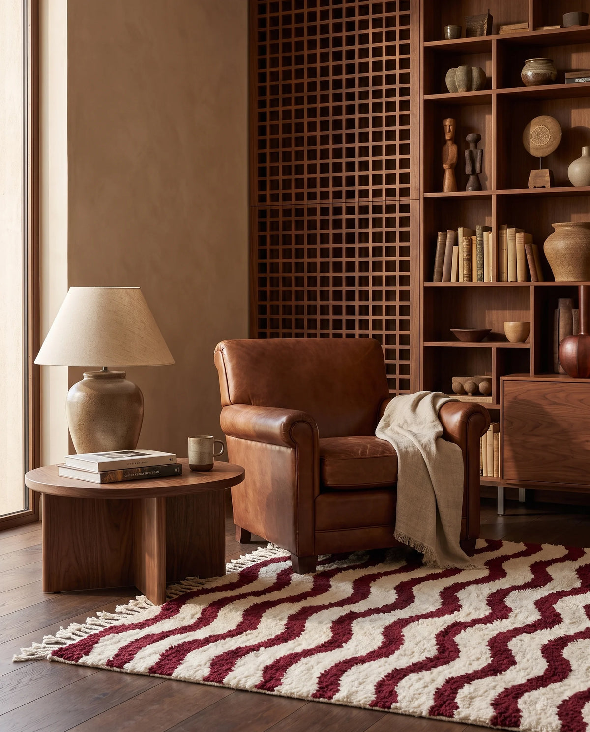 Burgundy and Cream wavy wool rug in a furnished room