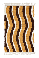 Current Tide wavy wool rug, dark brown waves and cream lines on ochre yellow, full view
