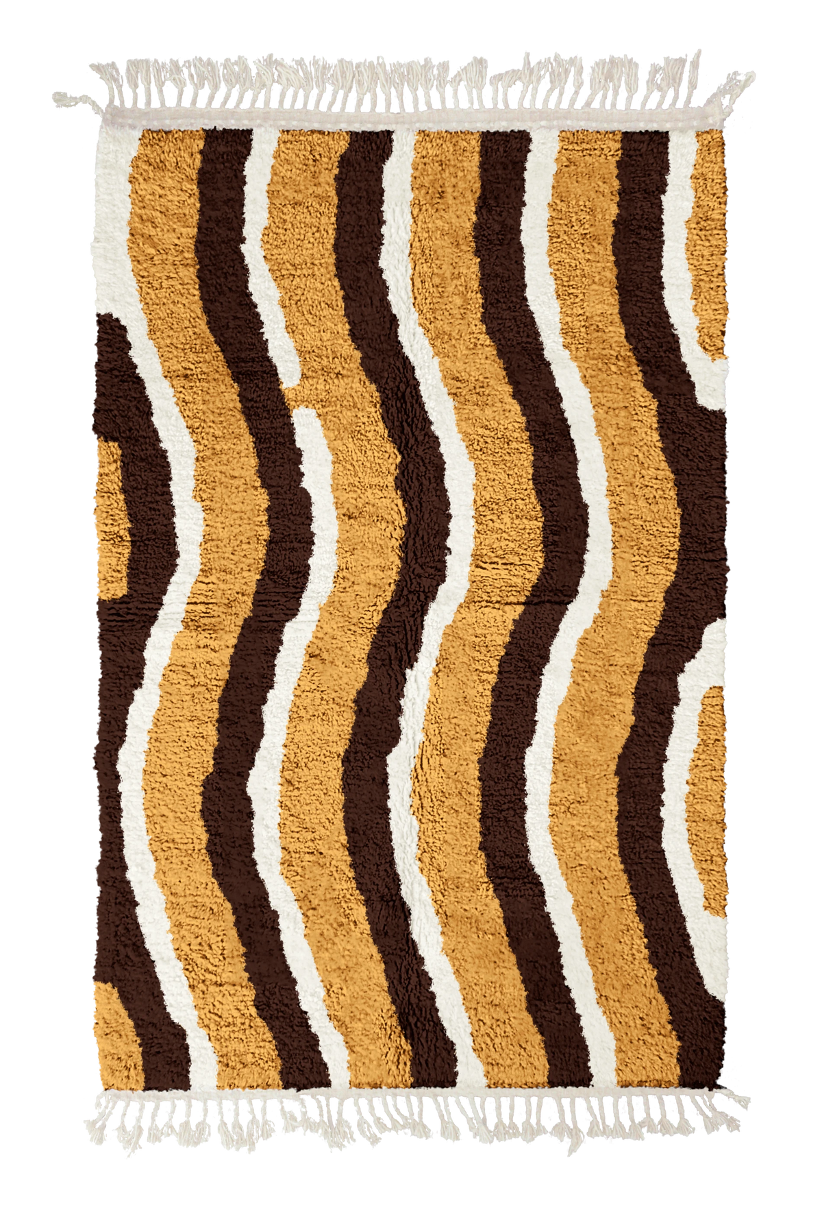 Current Tide wavy wool rug, dark brown waves and cream lines on ochre yellow, full view