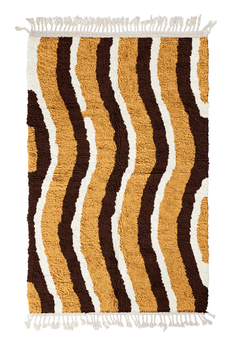Current Tide wavy wool rug, dark brown waves and cream lines on ochre yellow, full view