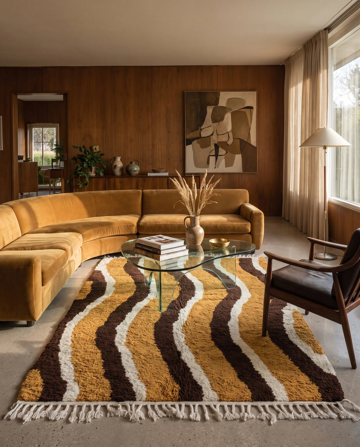 Brown, Cream and Ochre Yellow wavy wool rug in a furnished room