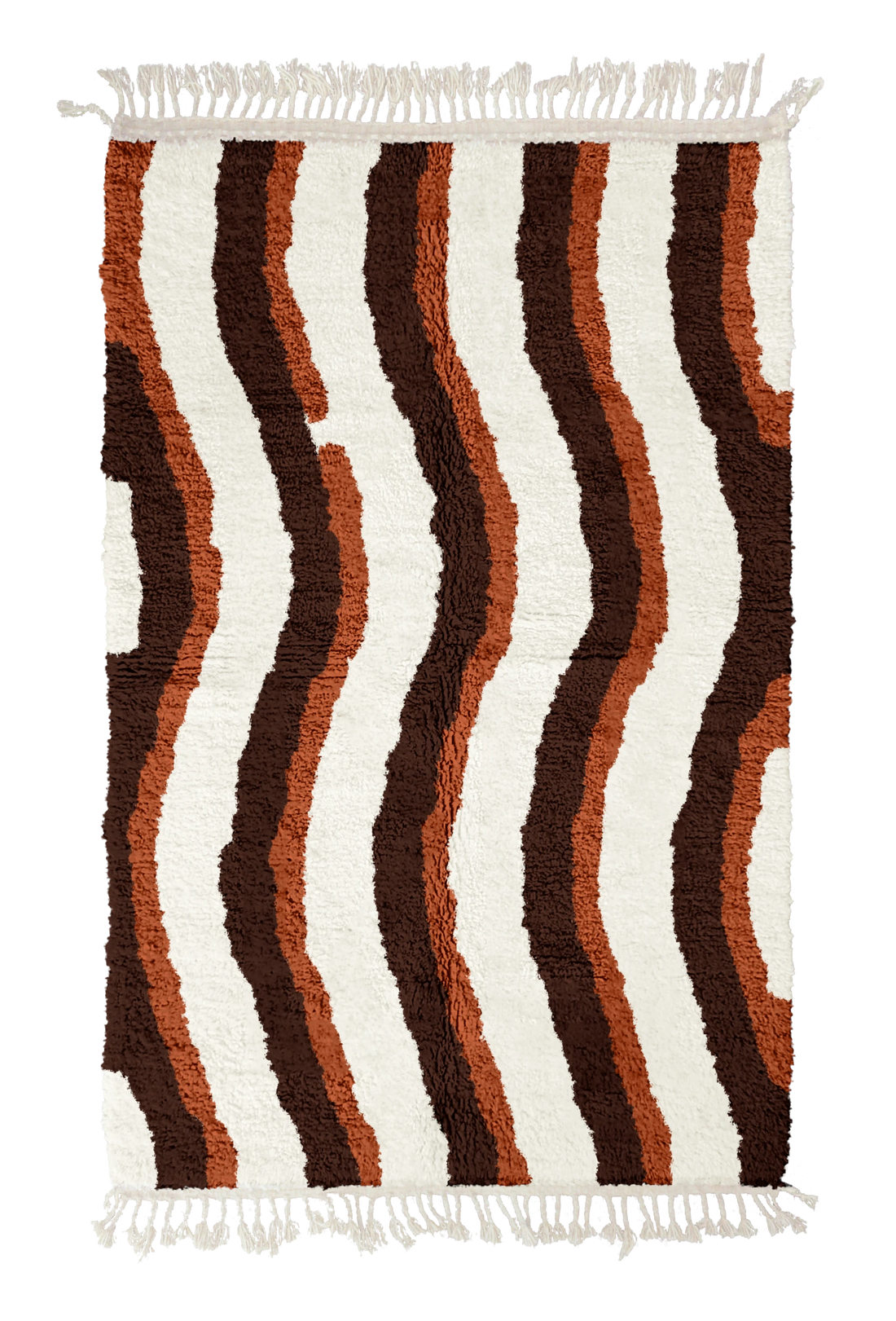 Current Tide wavy wool rug, dark brown waves and terracotta lines on cream, full view