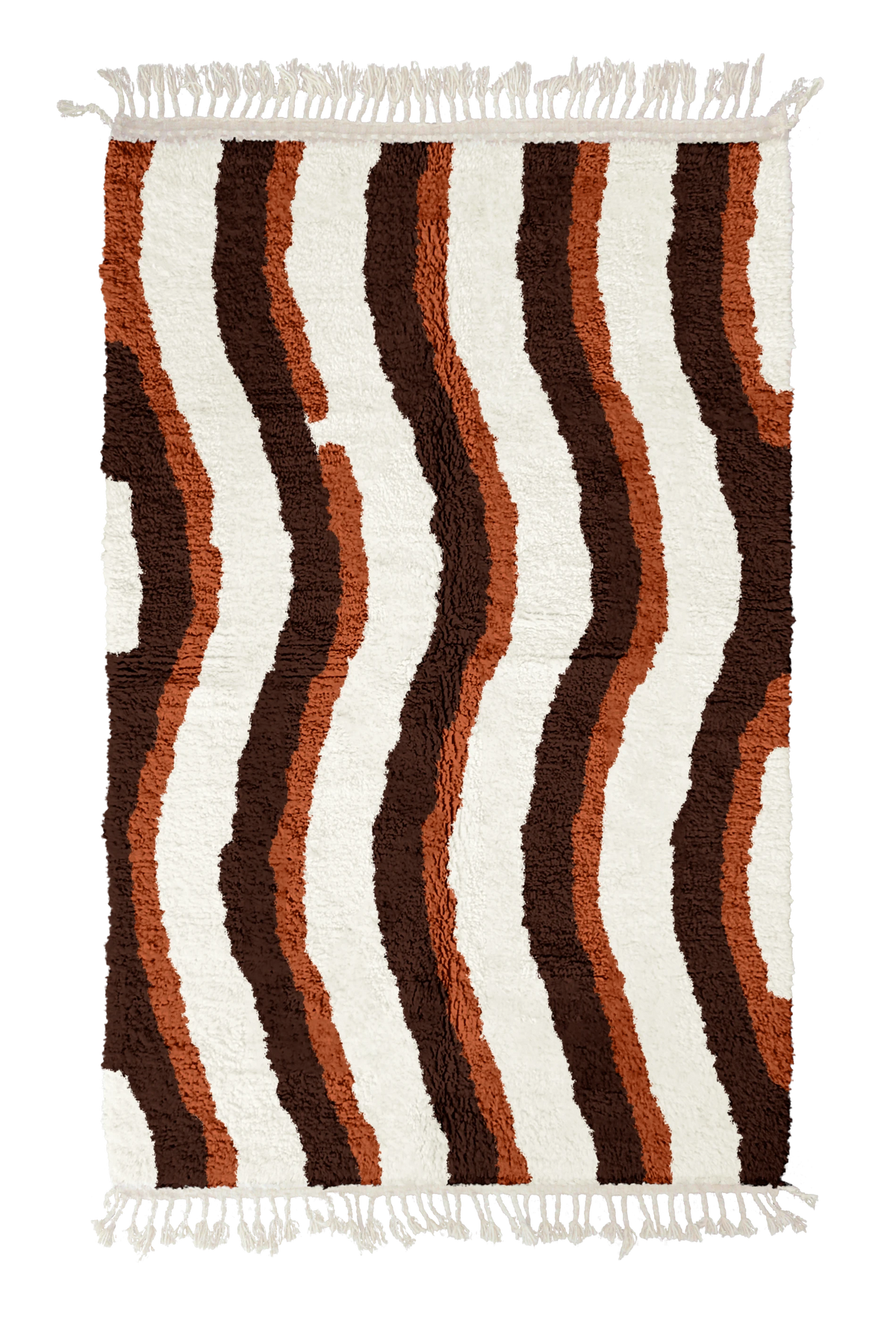 Current Tide wavy wool rug, dark brown waves and terracotta lines on cream, full view