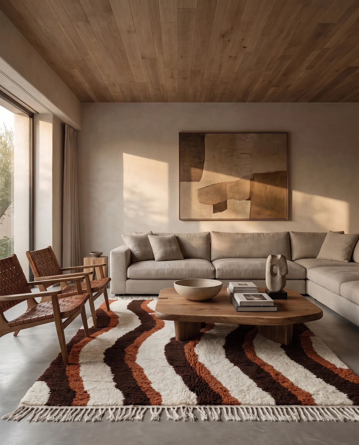 Brown, Terracotta and Cream wavy wool rug in a furnished room