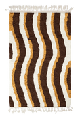 Load image into Gallery viewer, Current Tide wavy wool rug, cream waves and ochre yellow lines on dark espresso brown, full view
