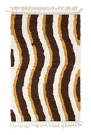 Current Tide wavy wool rug, cream waves and ochre yellow lines on dark espresso brown, full view