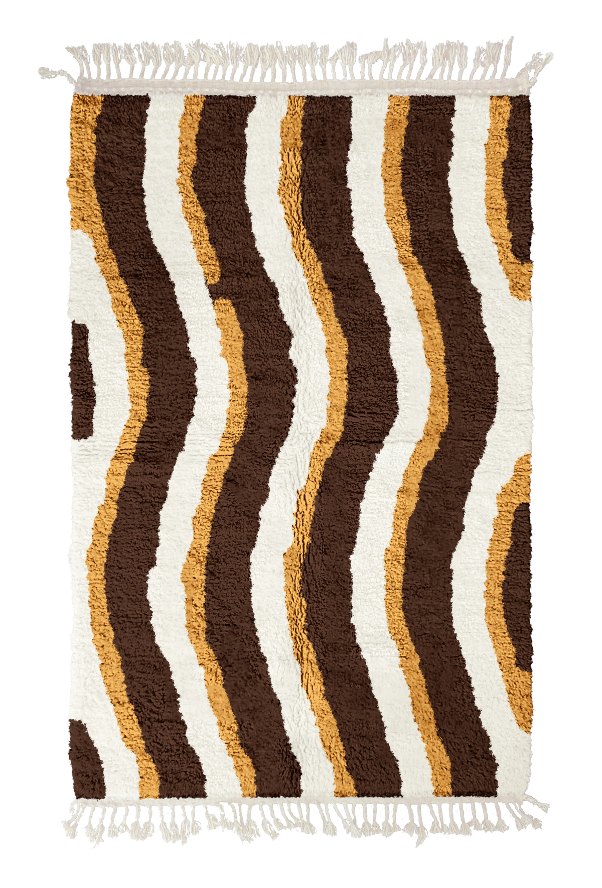 Current Tide wavy wool rug, cream waves and ochre yellow lines on dark espresso brown, full view
