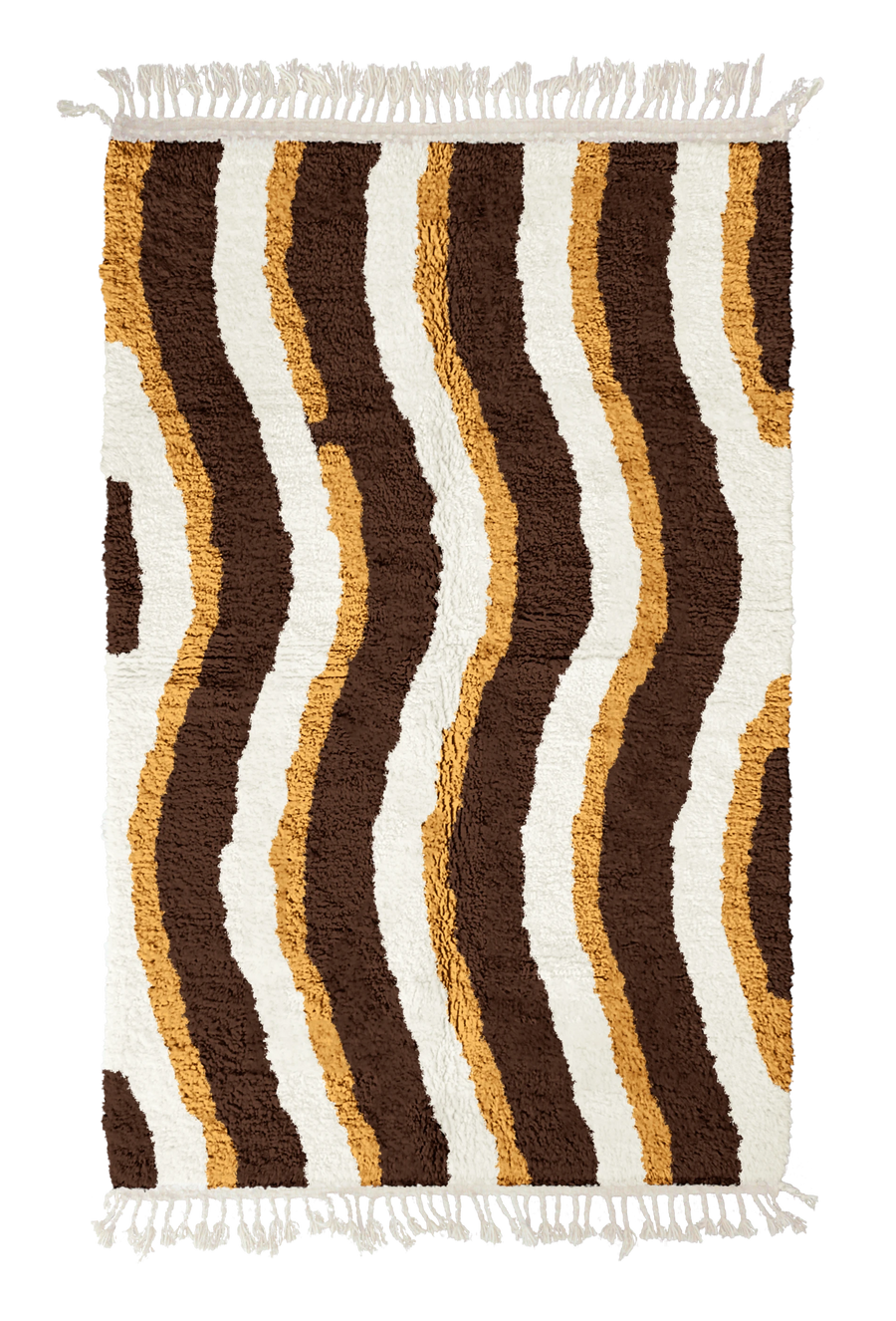 Current Tide wavy wool rug, cream waves and ochre yellow lines on dark espresso brown, full view